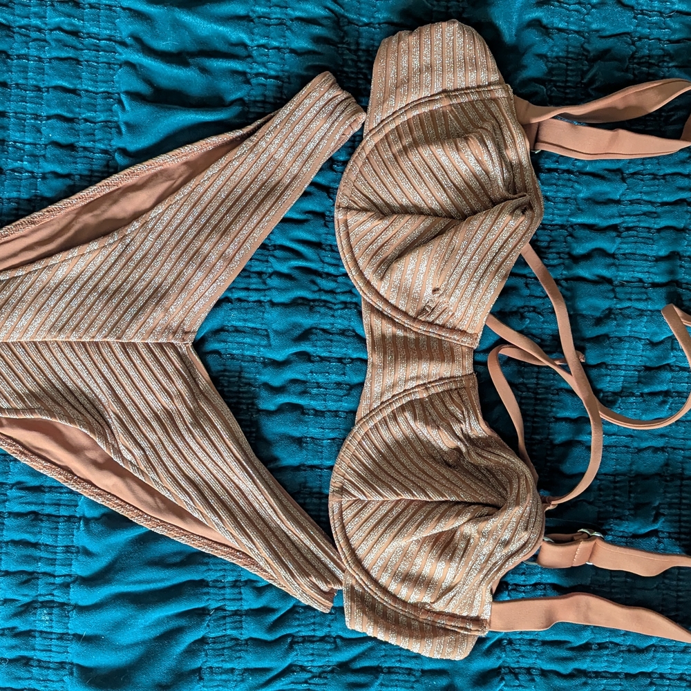 Striped Gold and Tan Bikini Set
